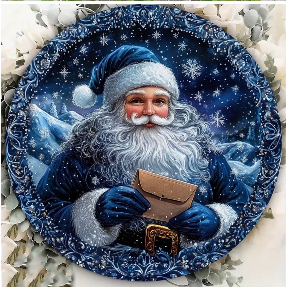 New Santa Claus Blue Retro Christmas Decoration Sign Tin Metal Signs Round 8x8